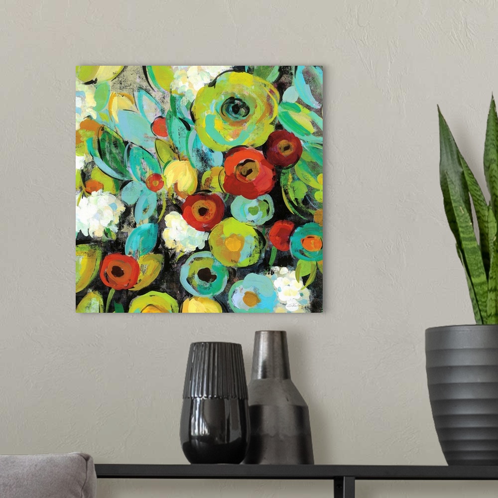 A modern room featuring Square floral abstract painting with cool colors.