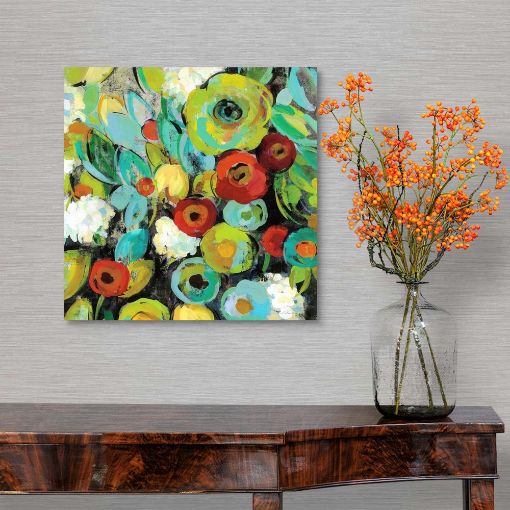 A traditional room featuring Square floral abstract painting with cool colors.