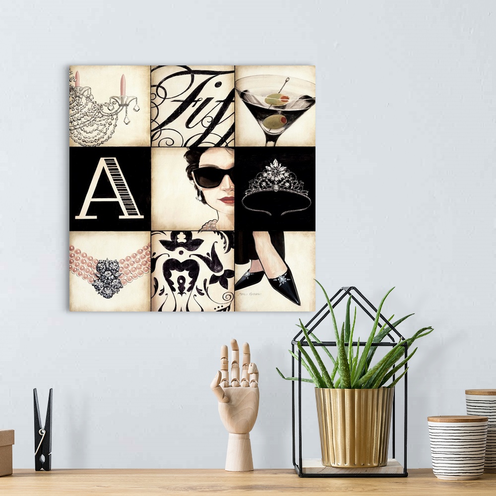 A bohemian room featuring Contemporary artwork of square tiles with different images of high society life.