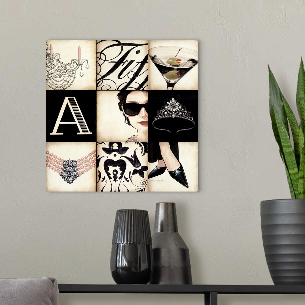 A modern room featuring Contemporary artwork of square tiles with different images of high society life.