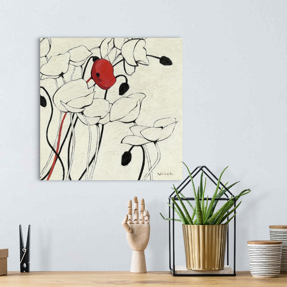 A bohemian room featuring Contemporary painting of a group of poppies done in a minimalist style, implementing simple linew...