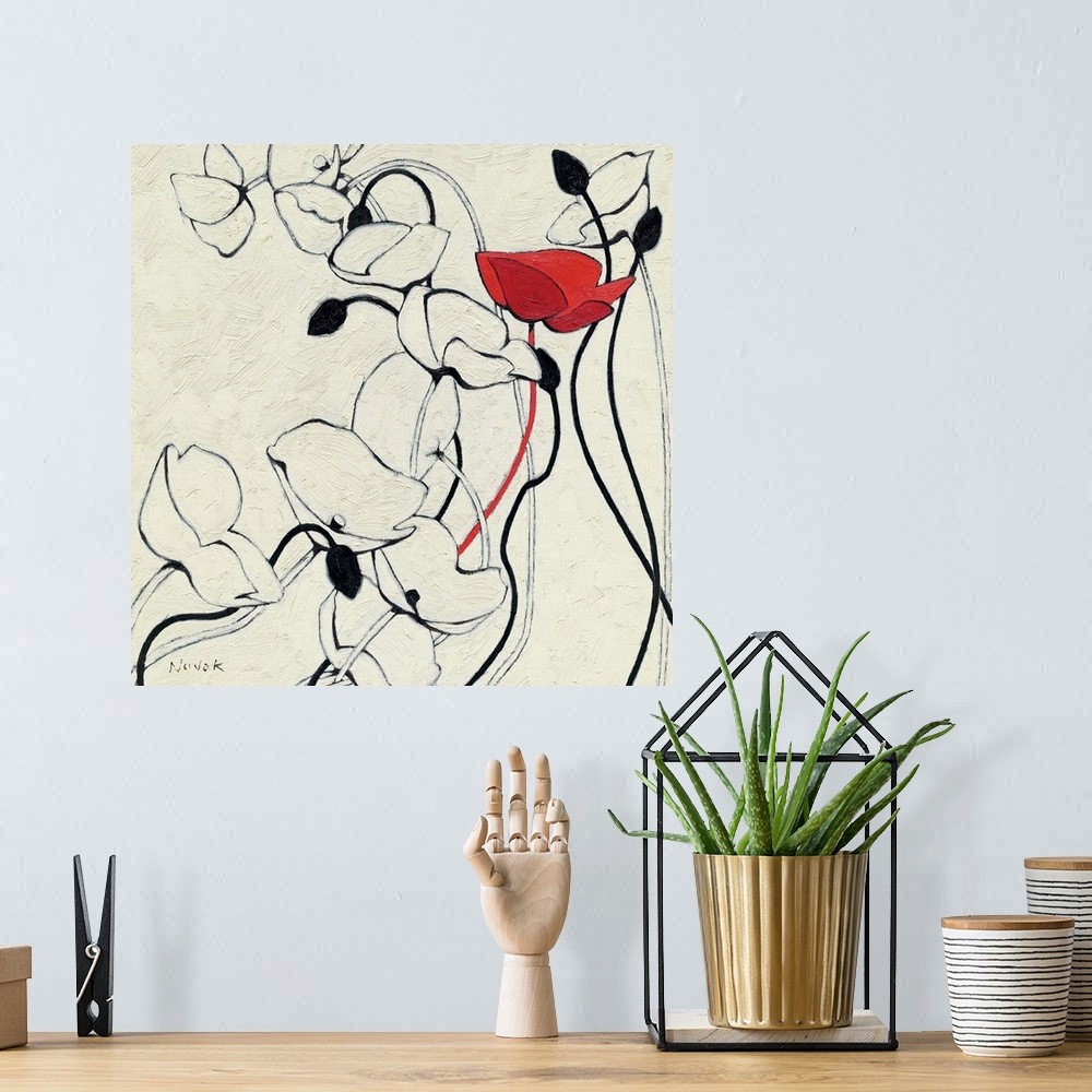 A bohemian room featuring Contemporary painting of a group of poppies done in a minimalist style, implementing simple line ...