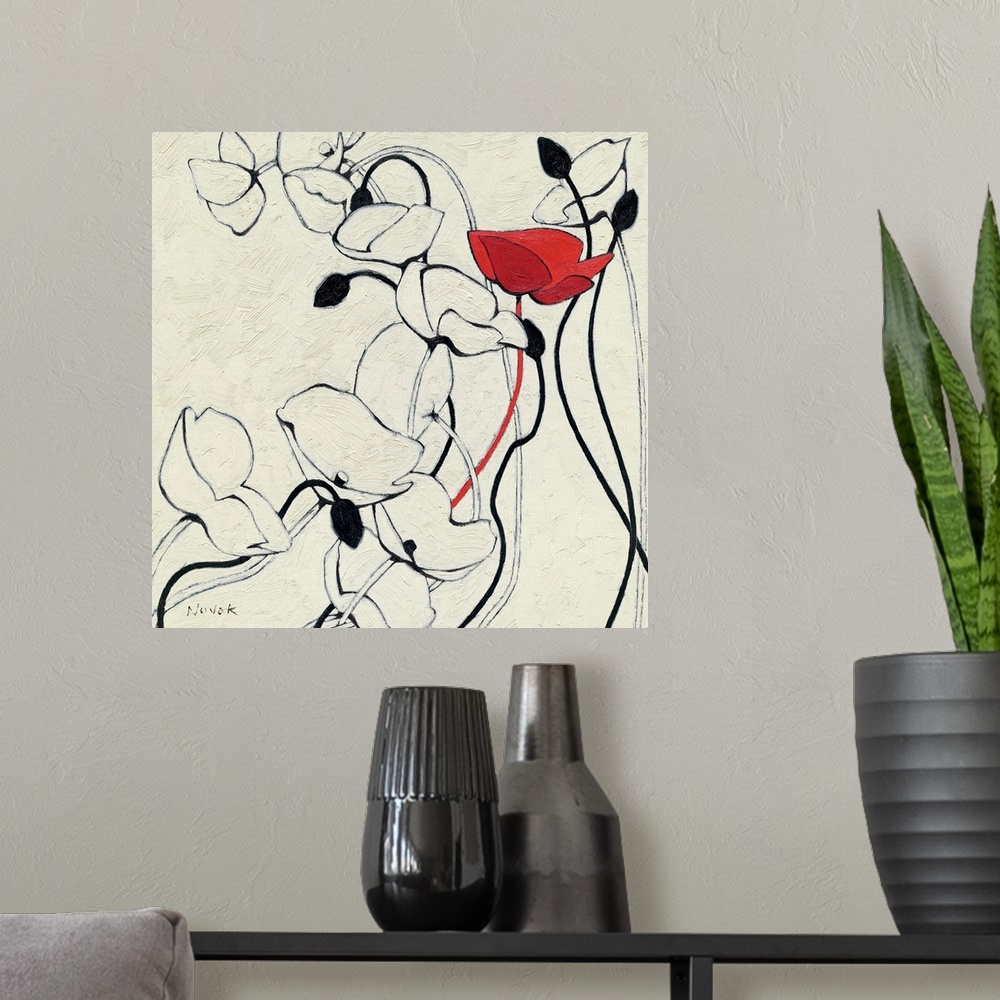 A modern room featuring Contemporary painting of a group of poppies done in a minimalist style, implementing simple line ...