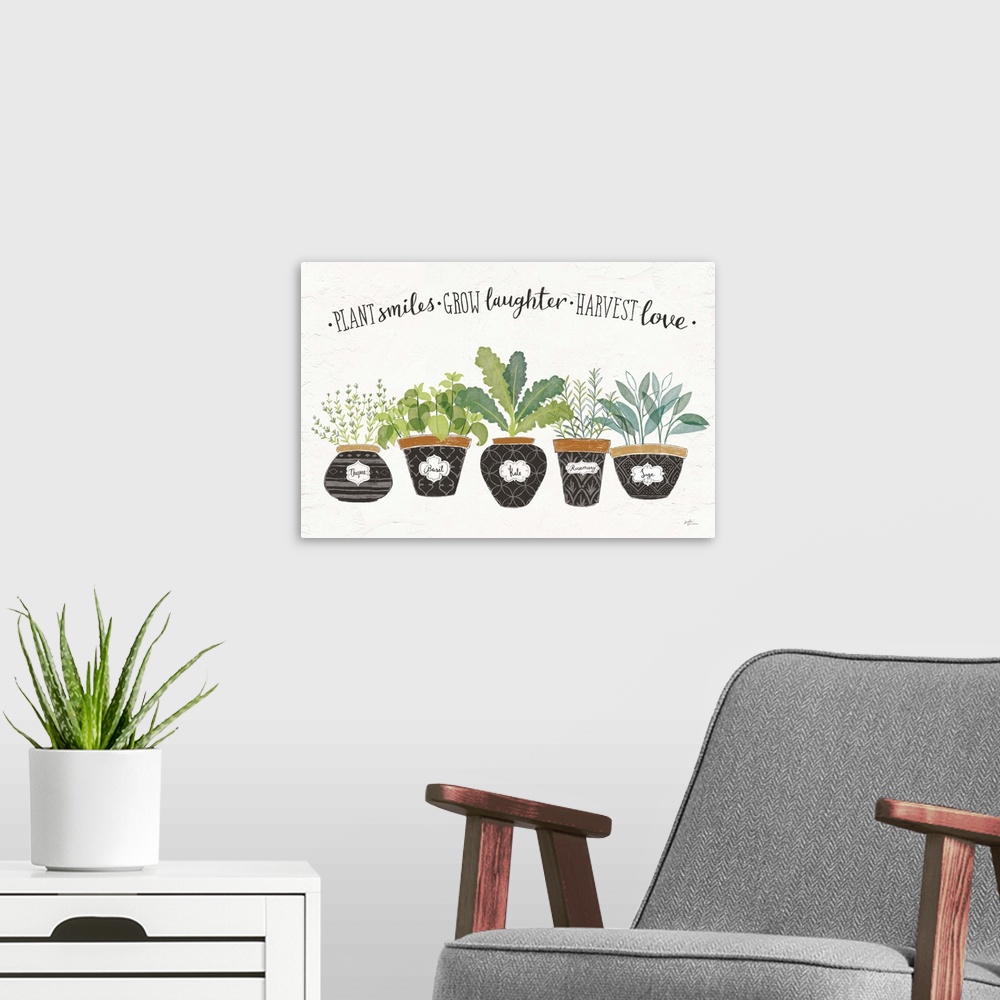 A modern room featuring "Plant Smiles, Grow Laughter, Harvest Love" written in black above illustrations of five potted h...