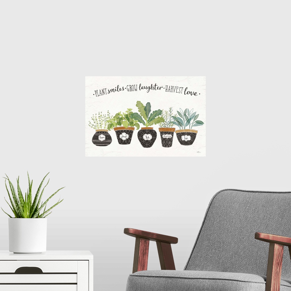 A modern room featuring "Plant Smiles, Grow Laughter, Harvest Love" written in black above illustrations of five potted h...