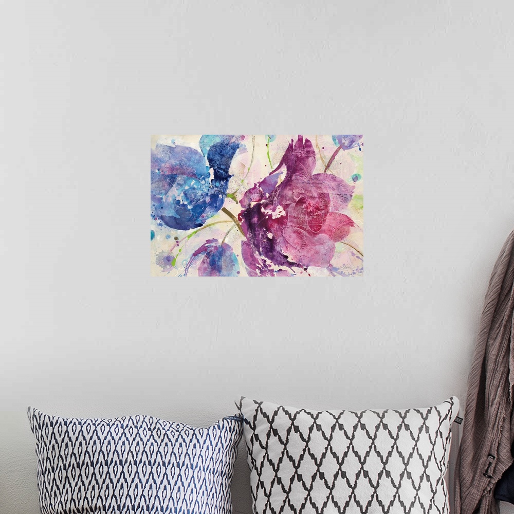 A bohemian room featuring Large abstract painting of flowers in blue and purple tones.