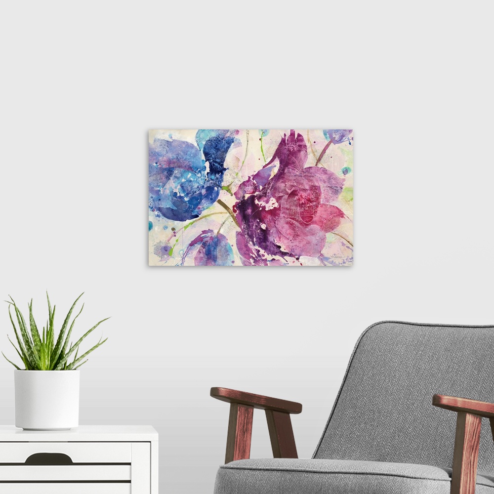 A modern room featuring Large abstract painting of flowers in blue and purple tones.