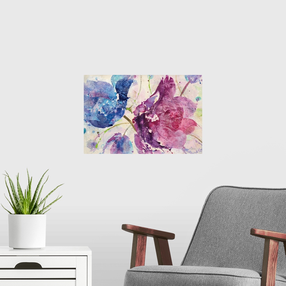 A modern room featuring Large abstract painting of flowers in blue and purple tones.