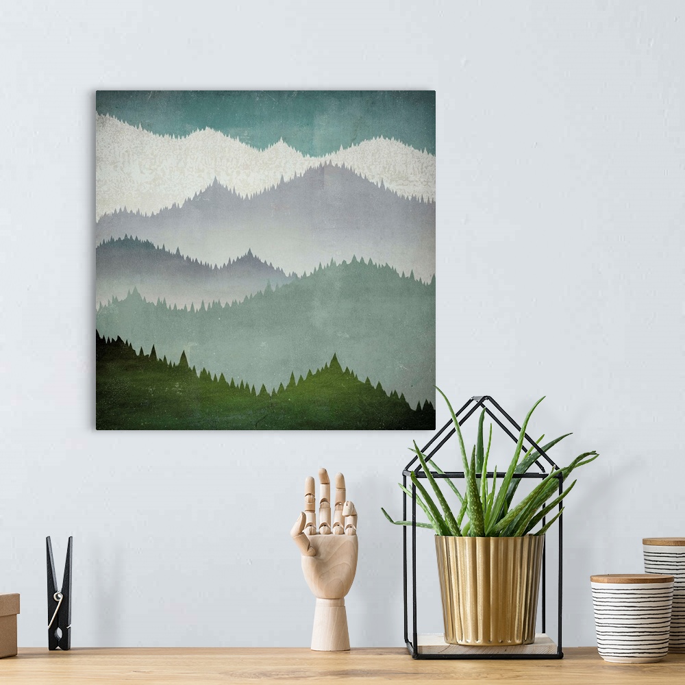 A bohemian room featuring Contemporary artwork of mountains covered in dense forest in cool tones.