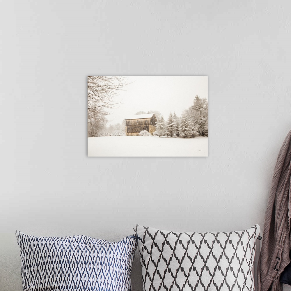 A bohemian room featuring Photograph of snowing falling on a weather barn near a group of trees.