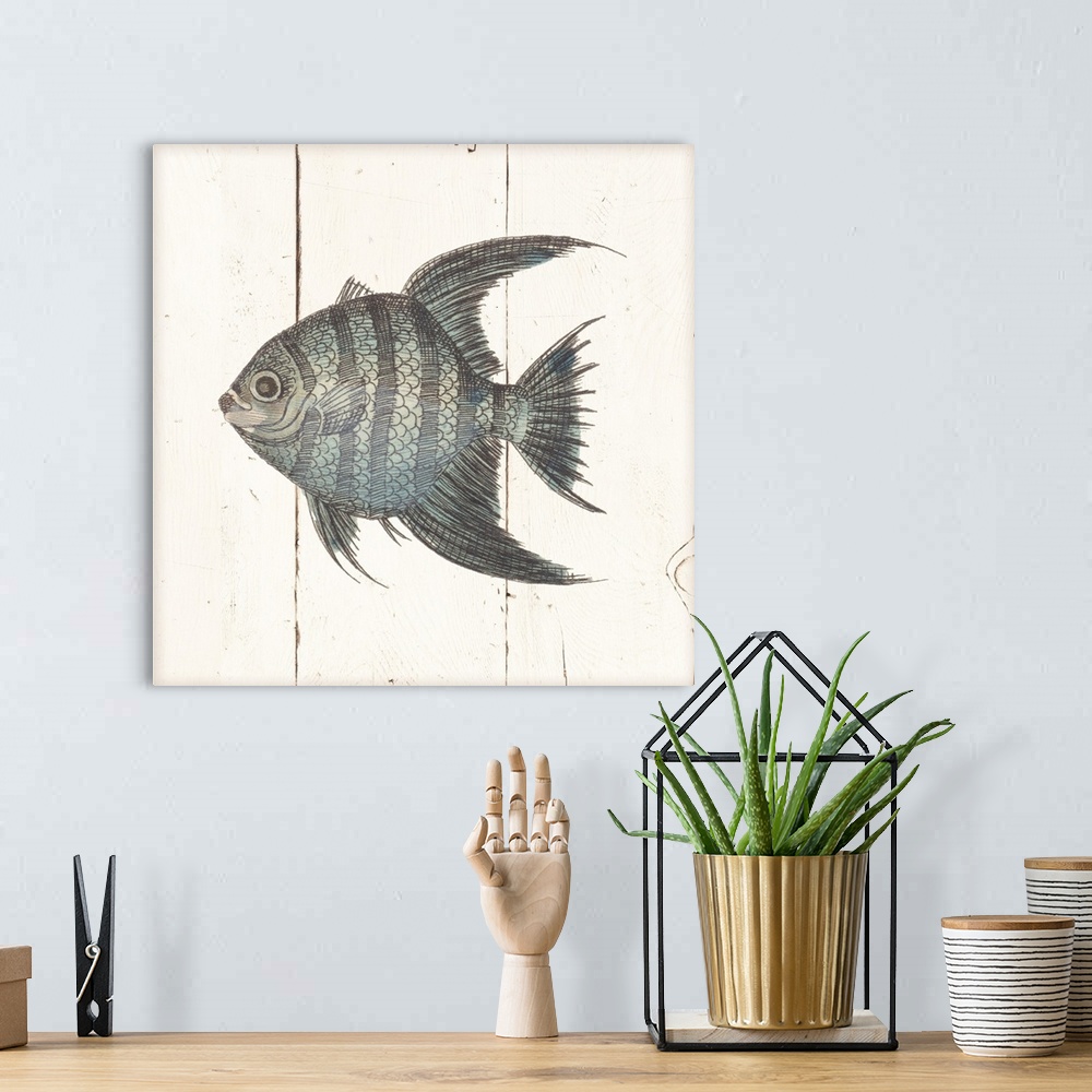 A bohemian room featuring Illustration of a fish on a white wood paneled background.