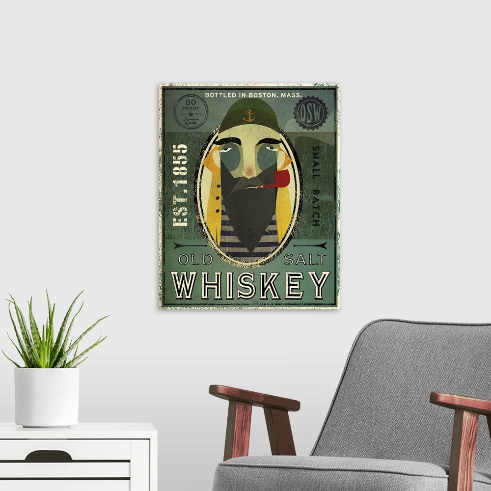A modern room featuring Contemporary artwork of an illustrative fisherman's whisky advertisement.
