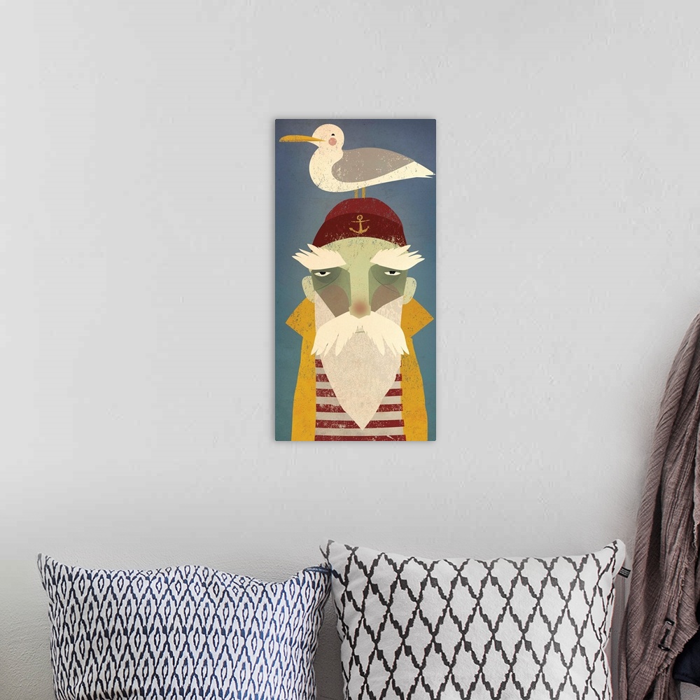 A bohemian room featuring Artwork of a sailor with a white beard and a seagull on his head.