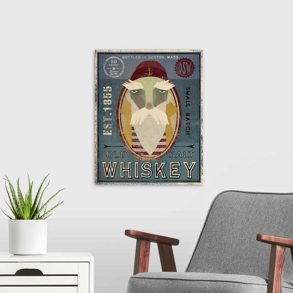 A modern room featuring Contemporary artwork of an illustrative fisherman's whisky advertisement.