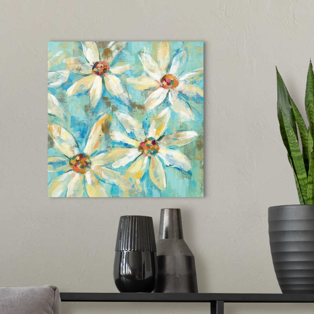 A modern room featuring Contemporary painting of white flowers against a light blue background.