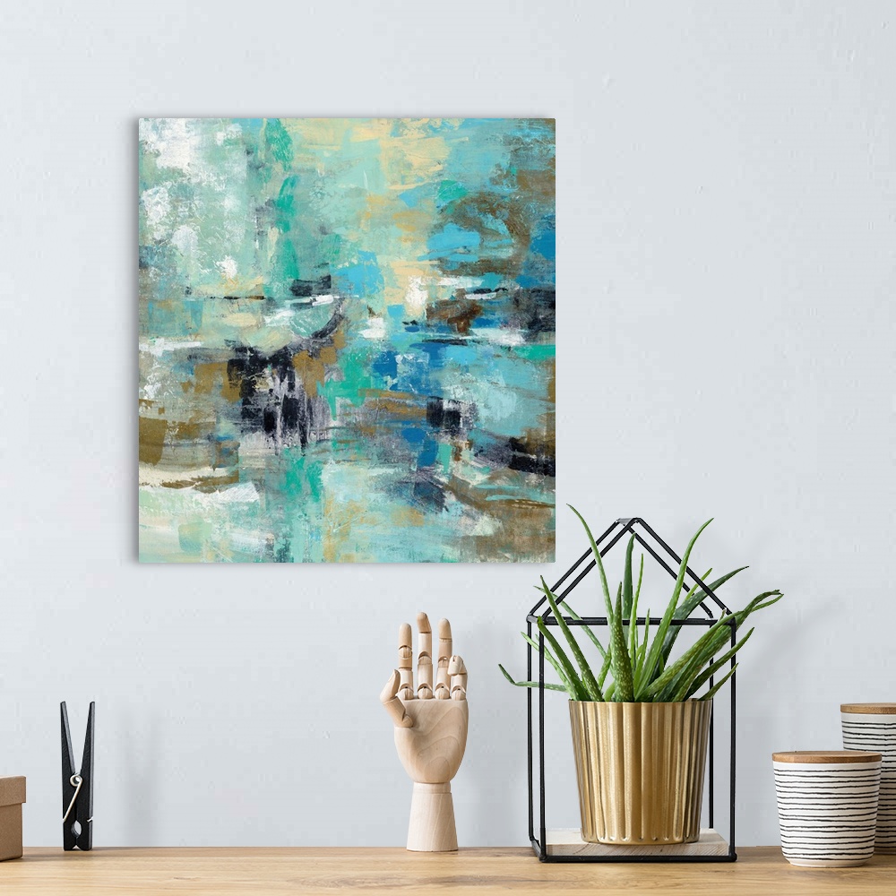 A bohemian room featuring Contemporary abstract painting using various blue tones and textures.