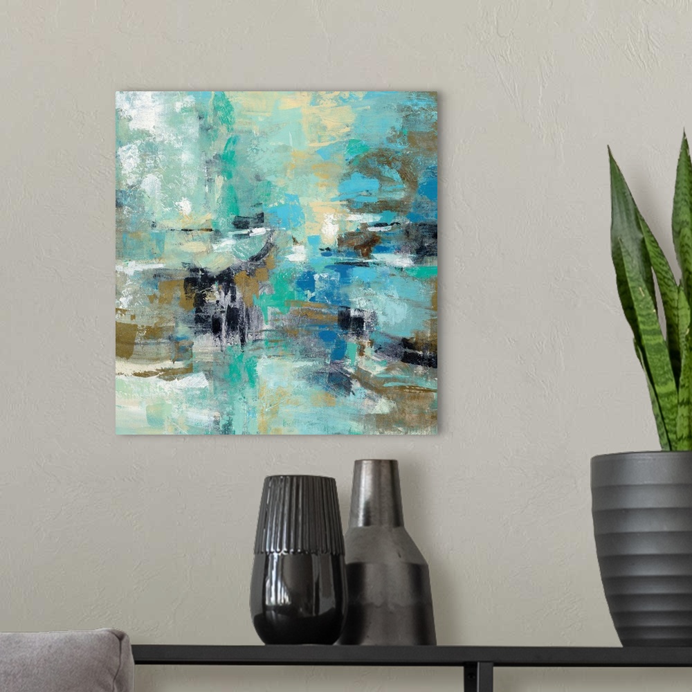 A modern room featuring Contemporary abstract painting using various blue tones and textures.