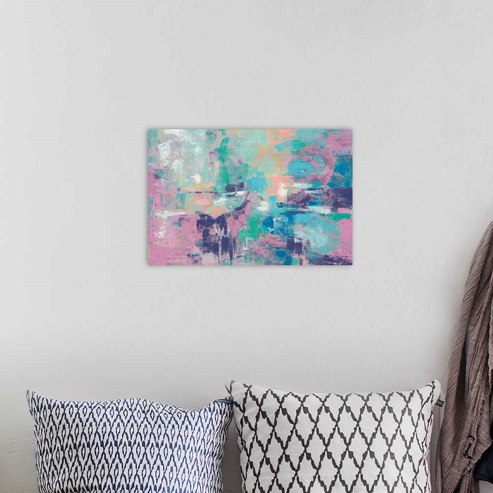 A bohemian room featuring Large abstract painting with colorful layers on brushstrokes in shades of pink, green, blue, yell...