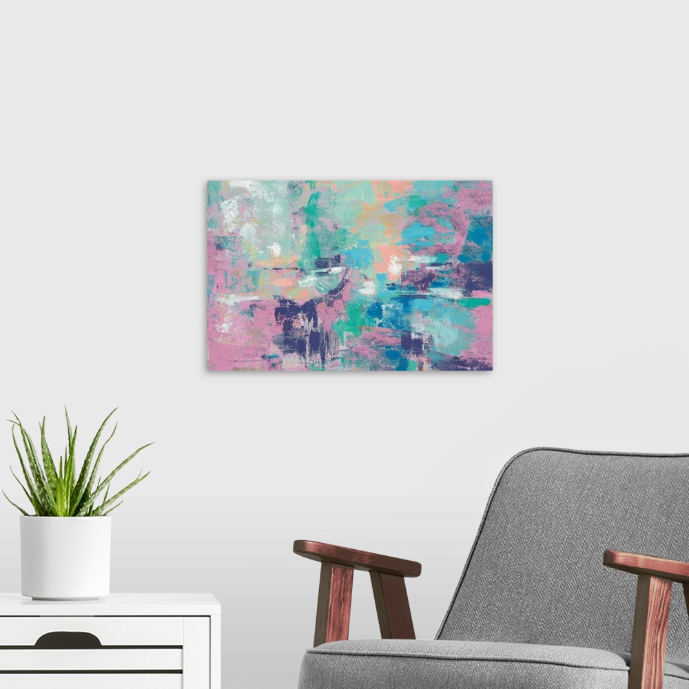 A modern room featuring Large abstract painting with colorful layers on brushstrokes in shades of pink, green, blue, yell...