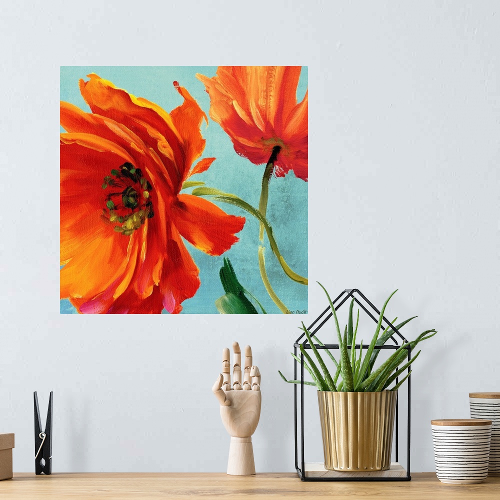 A bohemian room featuring Decorative art for the living room or kitchen this square painting is a close of up flower blosso...