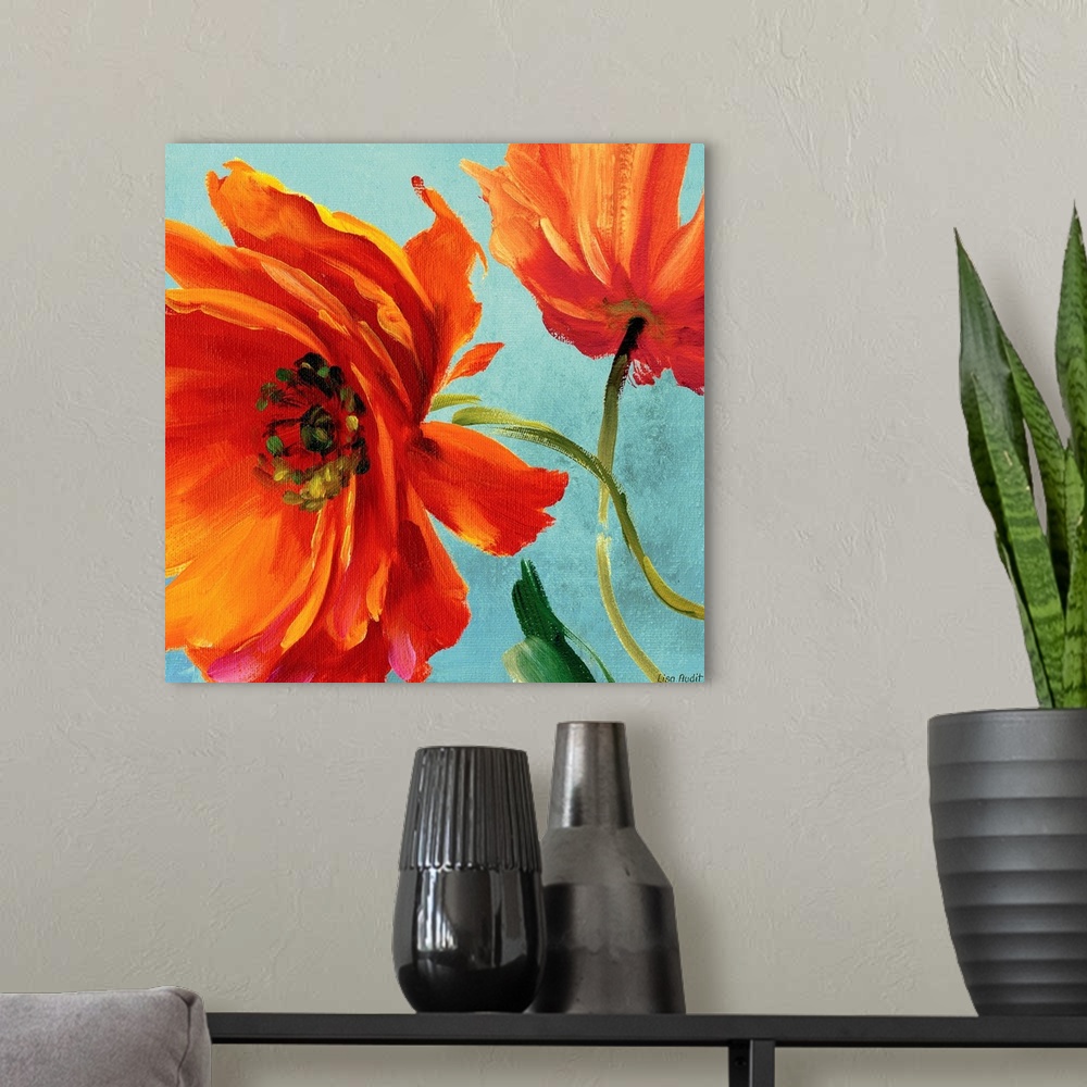 A modern room featuring Decorative art for the living room or kitchen this square painting is a close of up flower blosso...