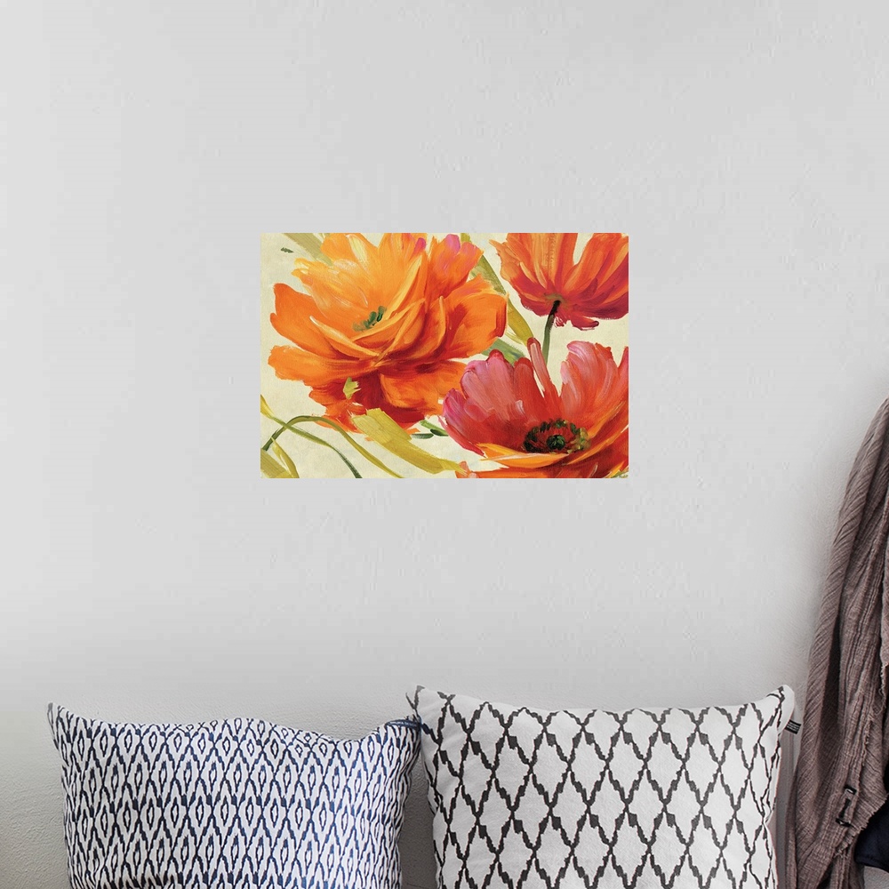 A bohemian room featuring Contemporary wall art of three loosely painted flowers in bloom on a neutral background.