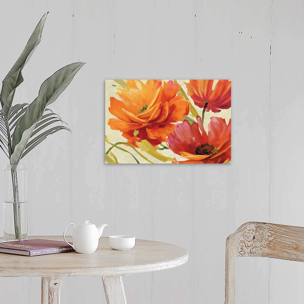 A farmhouse room featuring Contemporary wall art of three loosely painted flowers in bloom on a neutral background.