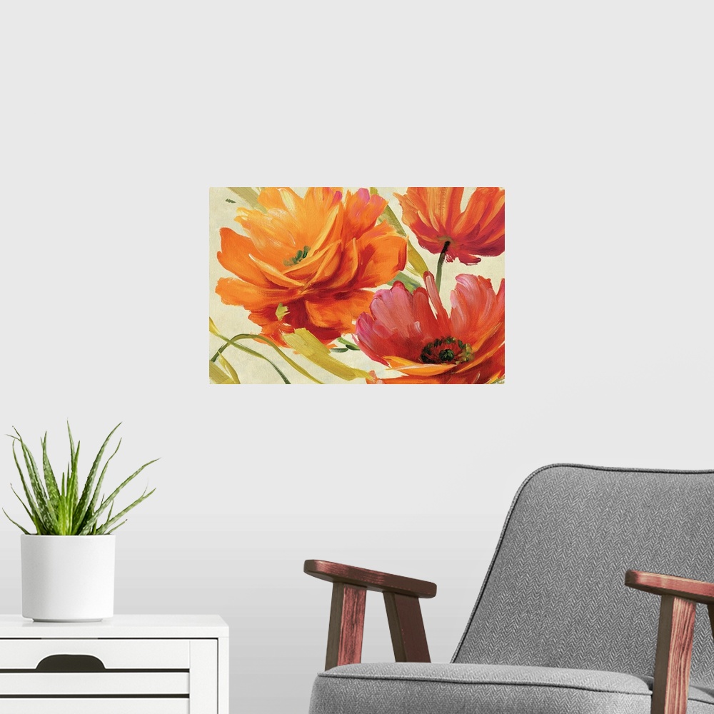 A modern room featuring Contemporary wall art of three loosely painted flowers in bloom on a neutral background.