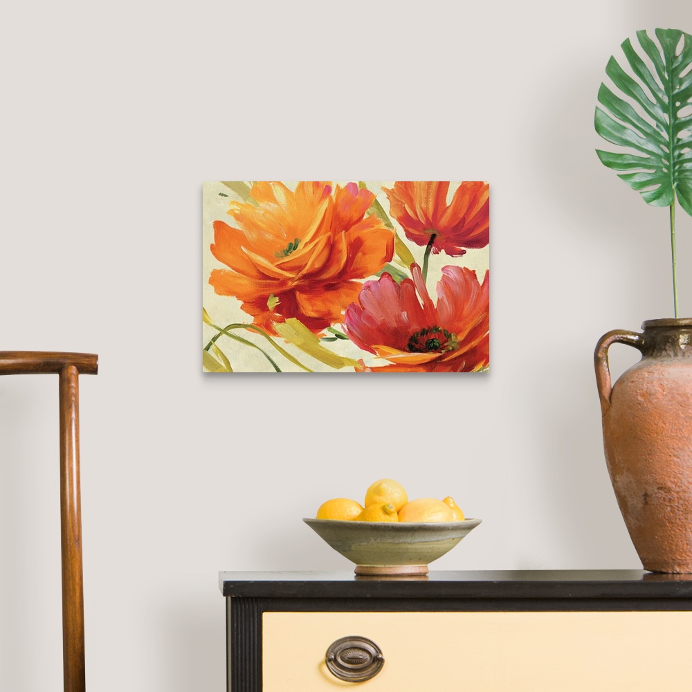 A traditional room featuring Contemporary wall art of three loosely painted flowers in bloom on a neutral background.