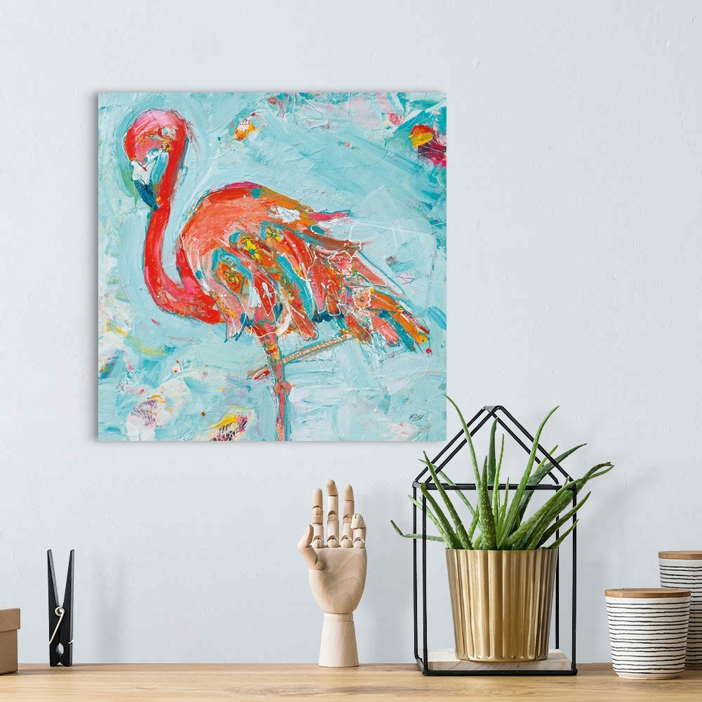 A bohemian room featuring Energetic brush strokes in bright colors create a poised flamingo adorned with floral elements an...