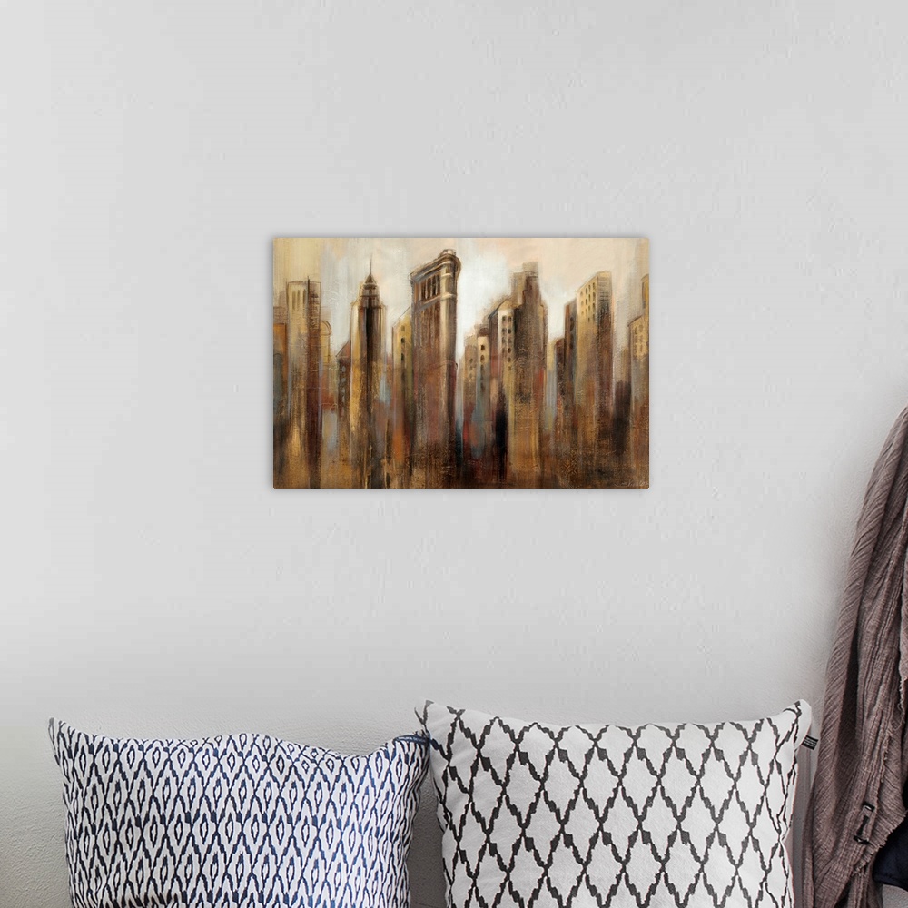 A bohemian room featuring Contemporary painting of skyline.  The images looked smudged and the details of each building, su...