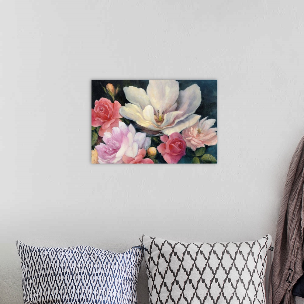 A bohemian room featuring Contemporary painting of a mix of flowers in shades of pink on a deep blue background.