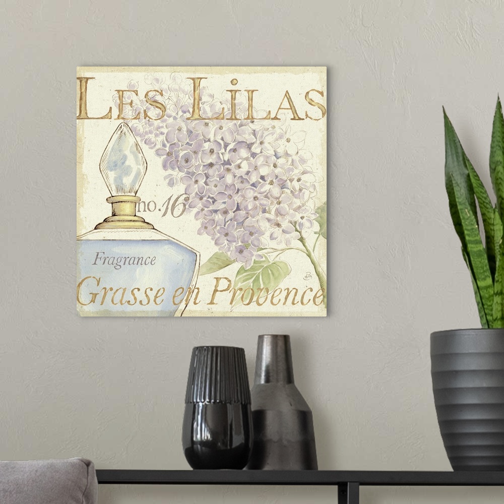 A modern room featuring Contemporary artwork of a perfume bottle close in frame, with a flower to the right and text in t...