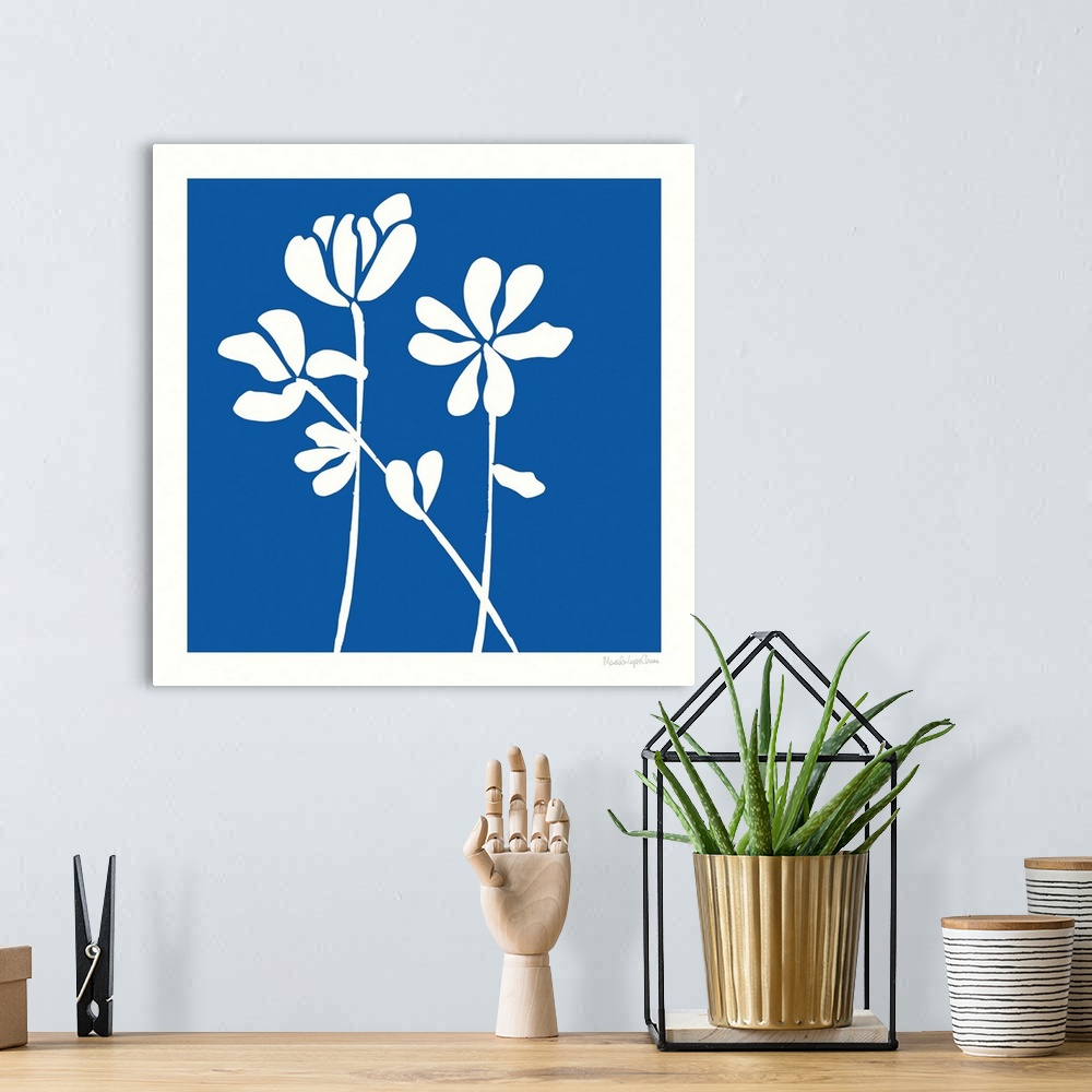 A bohemian room featuring A very simple, two-color contemporary illustration of flower stems in white silhouetted against a...