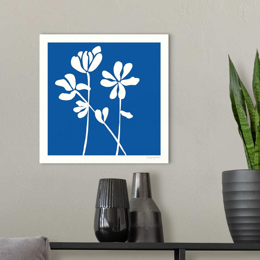 A modern room featuring A very simple, two-color contemporary illustration of flower stems in white silhouetted against a...