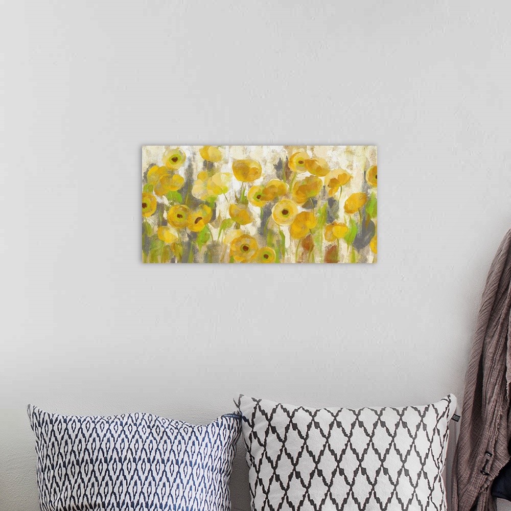 A bohemian room featuring Contemporary artwork of several golden flowers in a garden.