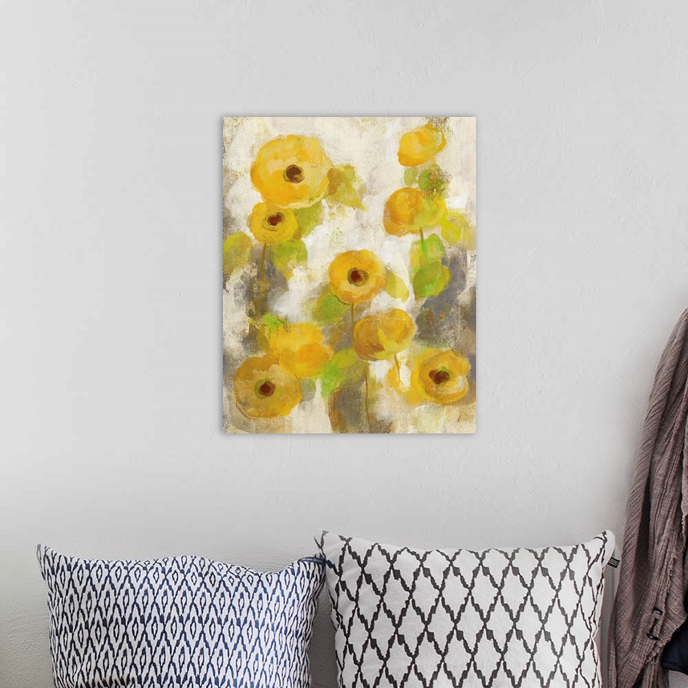 A bohemian room featuring Contemporary painting of flowers in a muted yellow against a beige background.