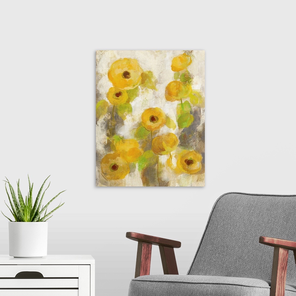 A modern room featuring Contemporary painting of flowers in a muted yellow against a beige background.