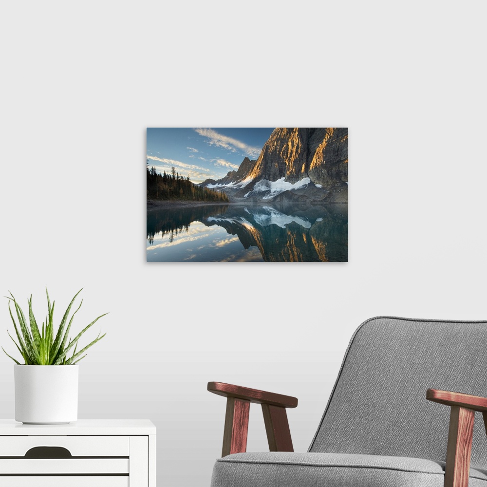 A modern room featuring Photograph of the sunrise on The Rockwall and Floe Lake, Kootenay National Park British Columbia