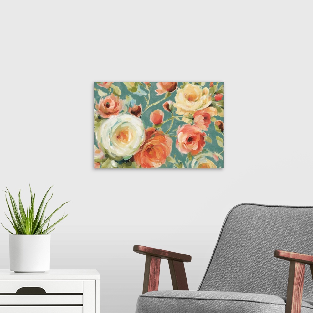 A modern room featuring A contemporary painting of large rose blooms in white, orange and pink on a blue background.