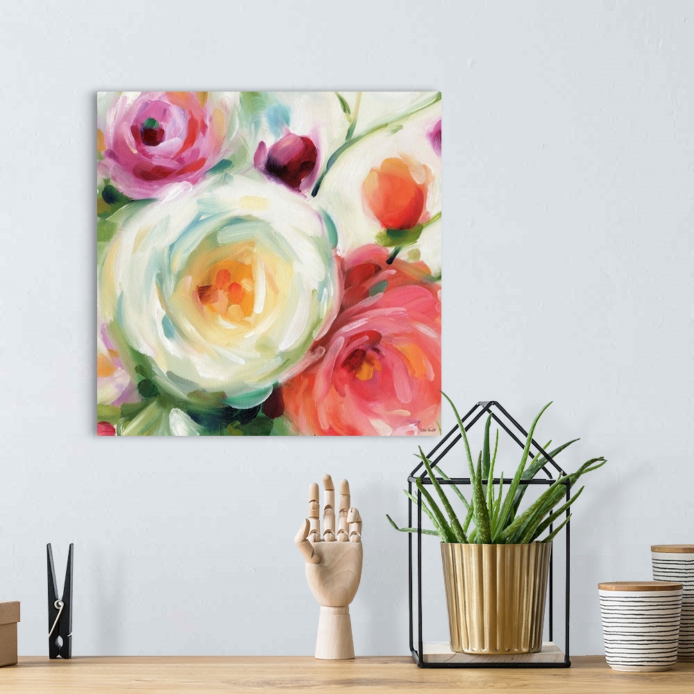 A bohemian room featuring Square contemporary painting of large flower blooms in bold brush strokes.