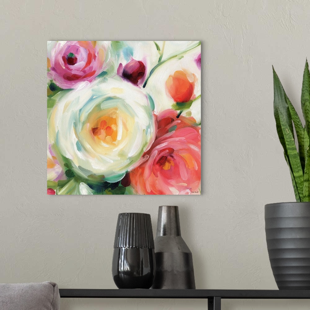 A modern room featuring Square contemporary painting of large flower blooms in bold brush strokes.