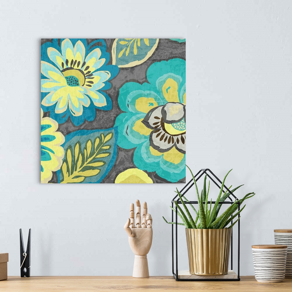 A bohemian room featuring A contemporary painting of brightly painted flowers against a dark gray background.