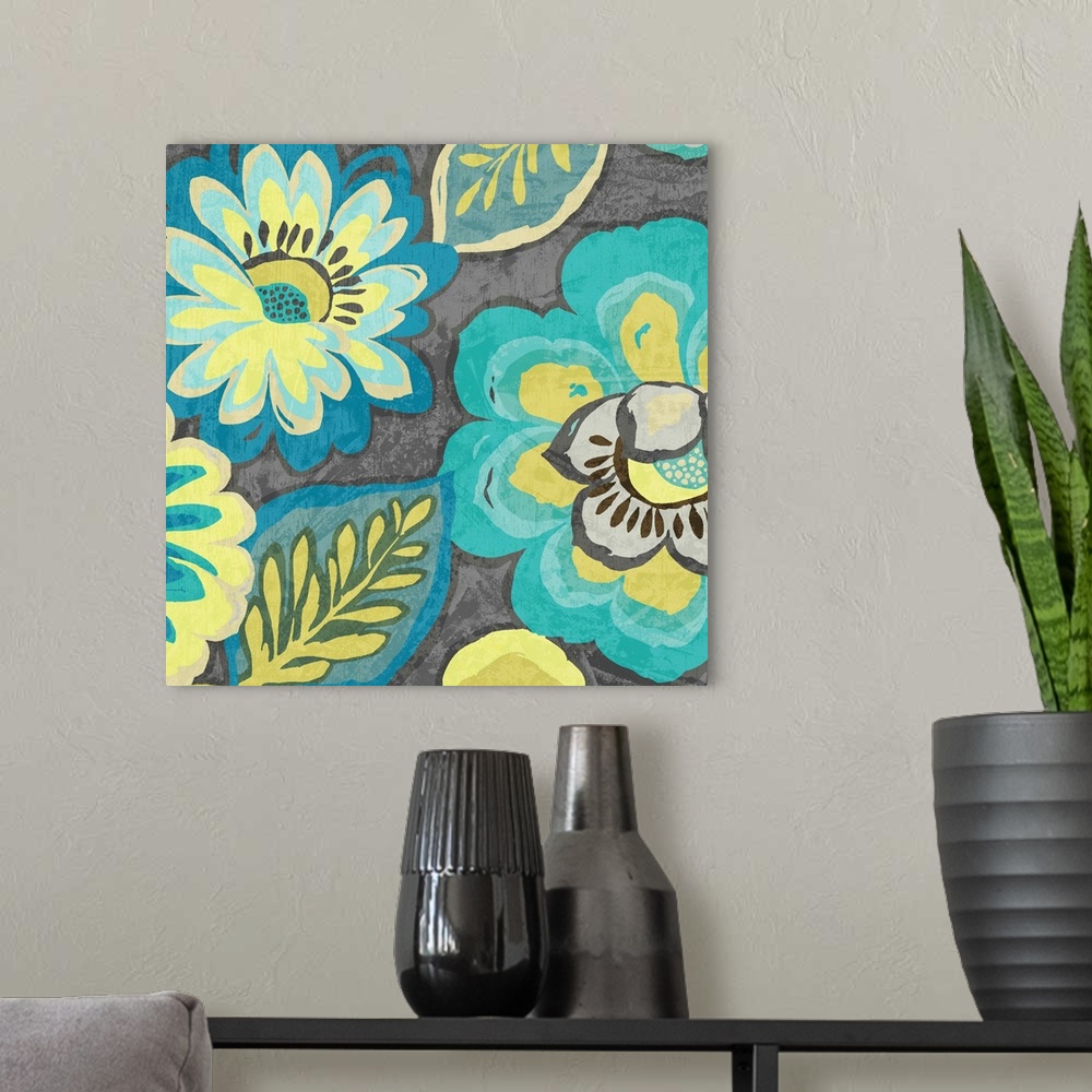 A modern room featuring A contemporary painting of brightly painted flowers against a dark gray background.