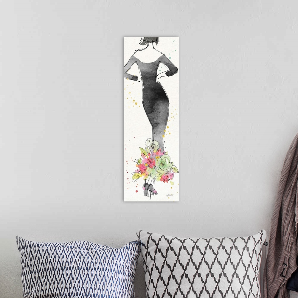A bohemian room featuring Watercolor painting of the backside of a woman in a long black dress with a floral bottom.