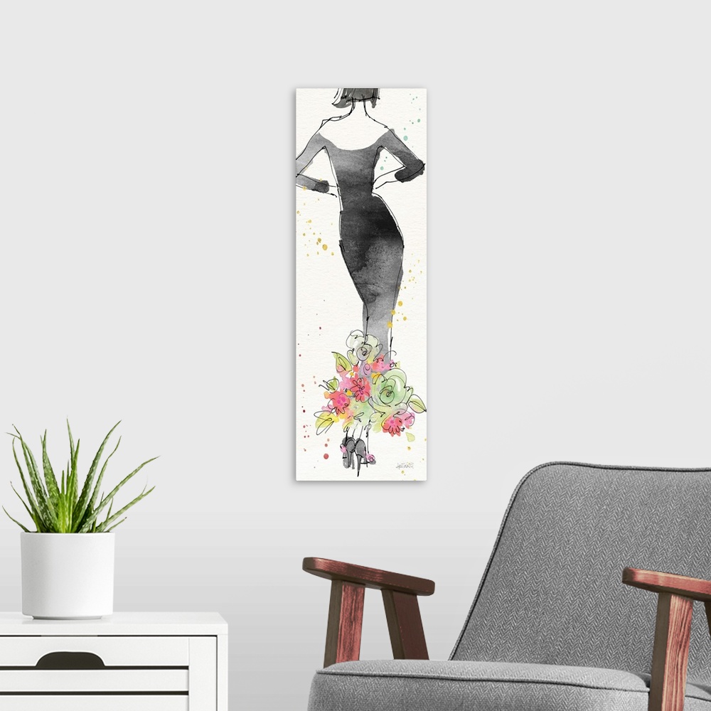 A modern room featuring Watercolor painting of the backside of a woman in a long black dress with a floral bottom.