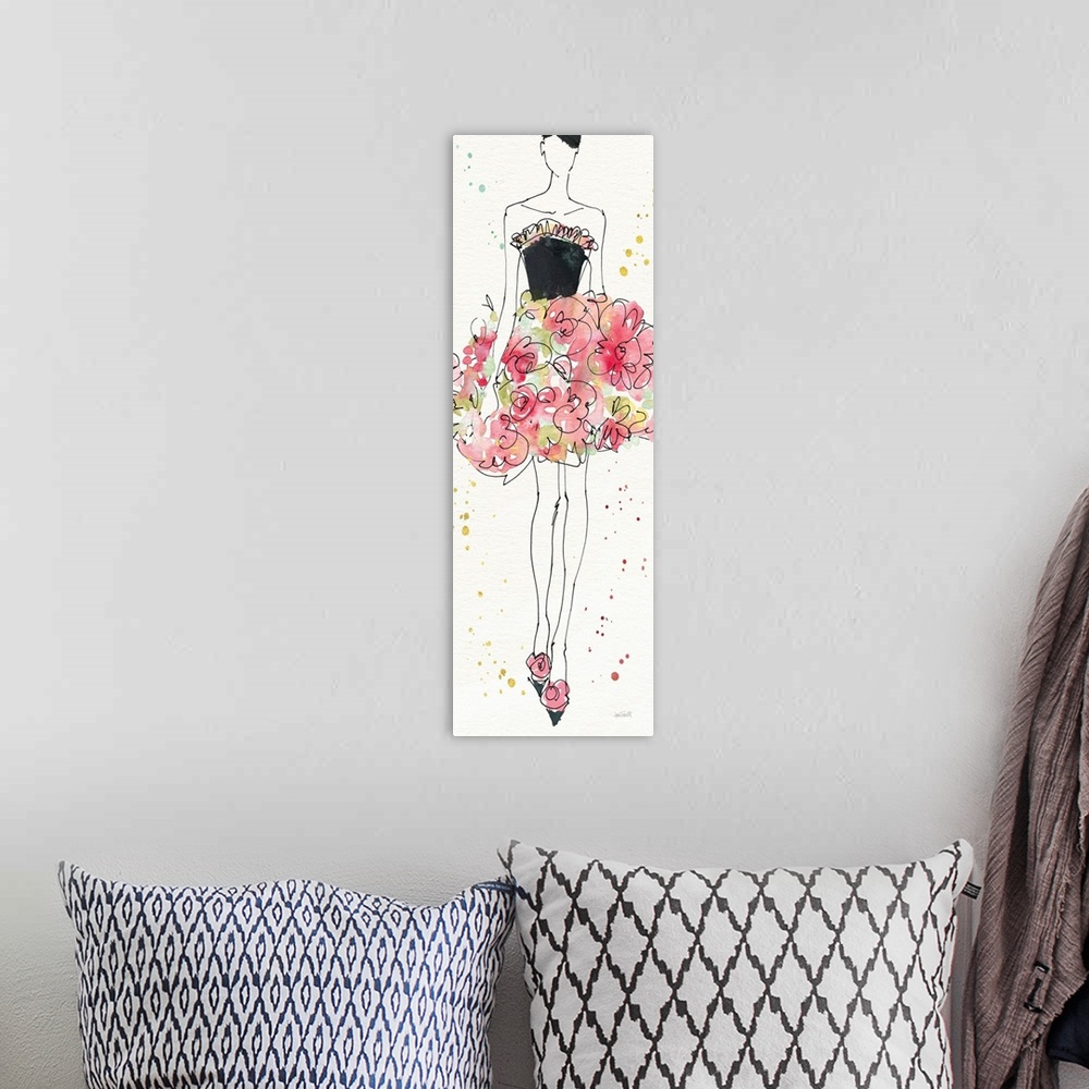 A bohemian room featuring Watercolor painting of a woman wearing a black strapless dress with a floral bottom.