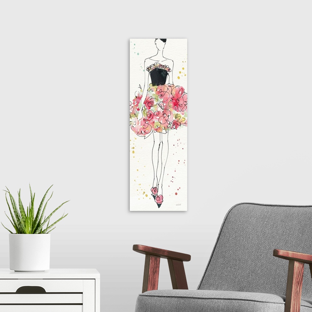 A modern room featuring Watercolor painting of a woman wearing a black strapless dress with a floral bottom.