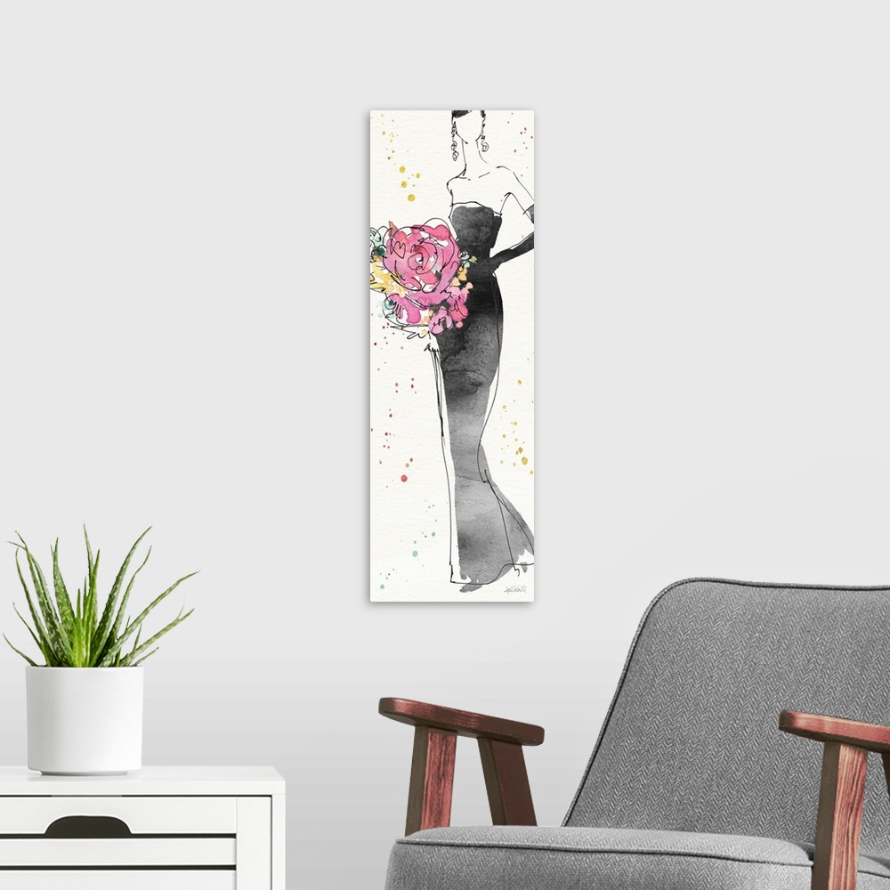A modern room featuring Watercolor painting of a woman wearing a long black strapless dress holding a bouquet of flowers.