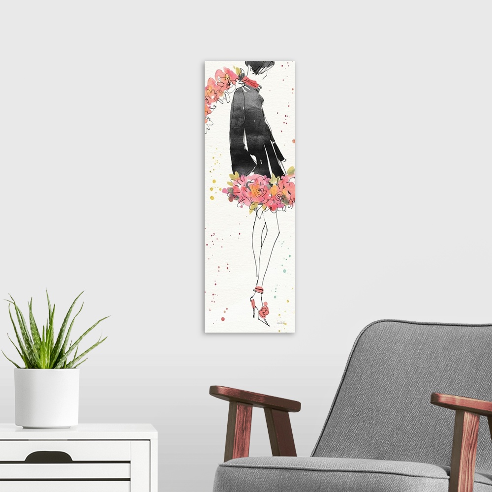 A modern room featuring Watercolor painting of a woman in a black coat with a floral scarf and skirt.